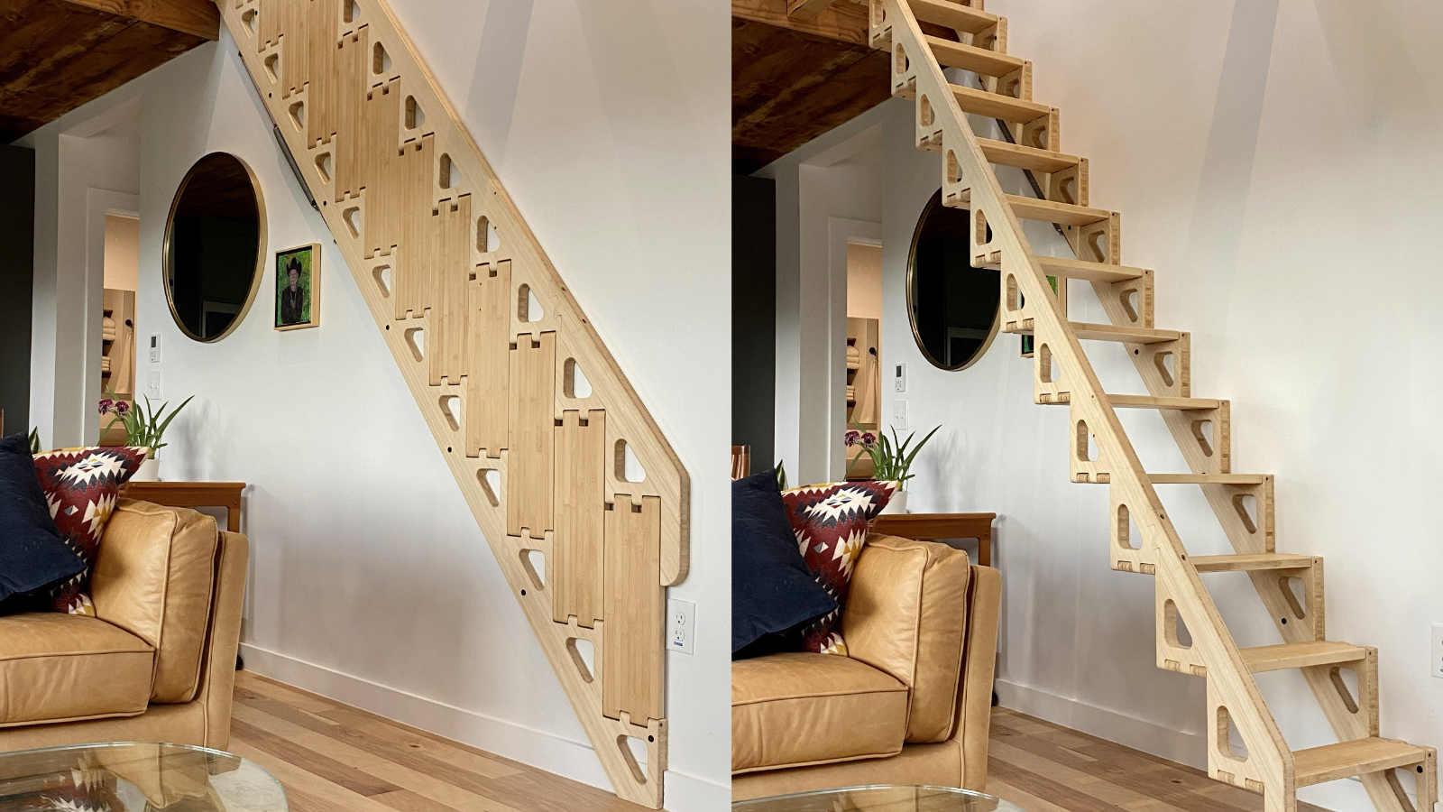 A folding bamboo staircase shown folded flat against the wall and extended into treads